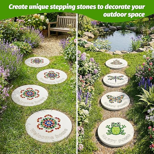 U0U 5PCS Stepping Stone Kit Includes 11.8 inch Round Concrete Molds, Mosaic Tiles and Carving Tools,DIY Garden Stepping Stone kit for Kids,Family,Outdoor Walkways Pavement Decoration(No Concrete Mix)