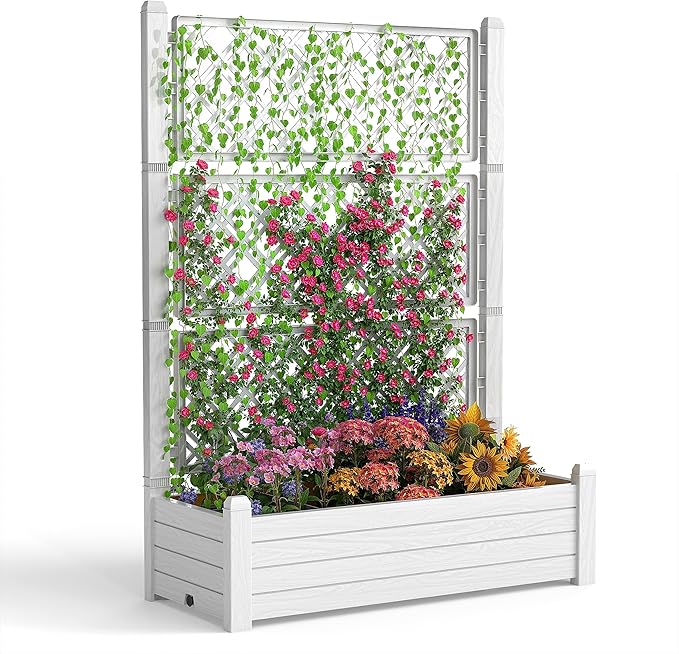 EasyUp 21 Gallon Raised Garden Bed with Trellis for Climbing Plants, Anti-Rust Resin Outdoor Planter Box with Drainage Holes for Backyard Patio Balcony (Ashen)