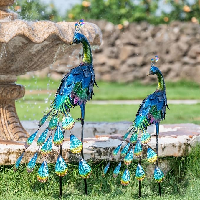 TERESA'S COLLECTIONS Garden Decor, Peacock Yard Decor, Elegant Peacock with Colorful Painting,18", Waterproof Metal Outdoor Statues, Garden Gifts, Birthday Gifts for Women Mom