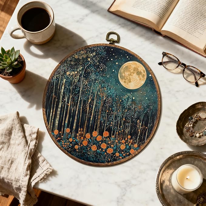 DOFQZ Moody Forest Full Moon Round Wall Art Decor, Dark Academia Cottagecore Trees Framed Wall Art, Mystical Celestial Night Walls Hanging Decor for Home Living Room Bedroom, 10x10 Inch