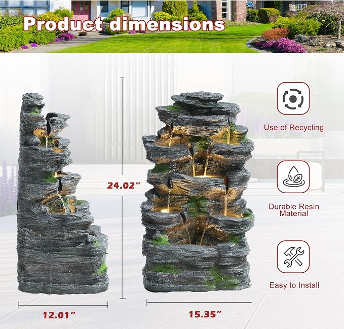 Garden Fountains Outdoor, 7-Tiers Cascading Rock Water Fountain, 24.4" H Waterfall Fountain Indoor with 6 LED Lights and Moss for Patio, Yard and Home Art Decor, Natural Stone Look