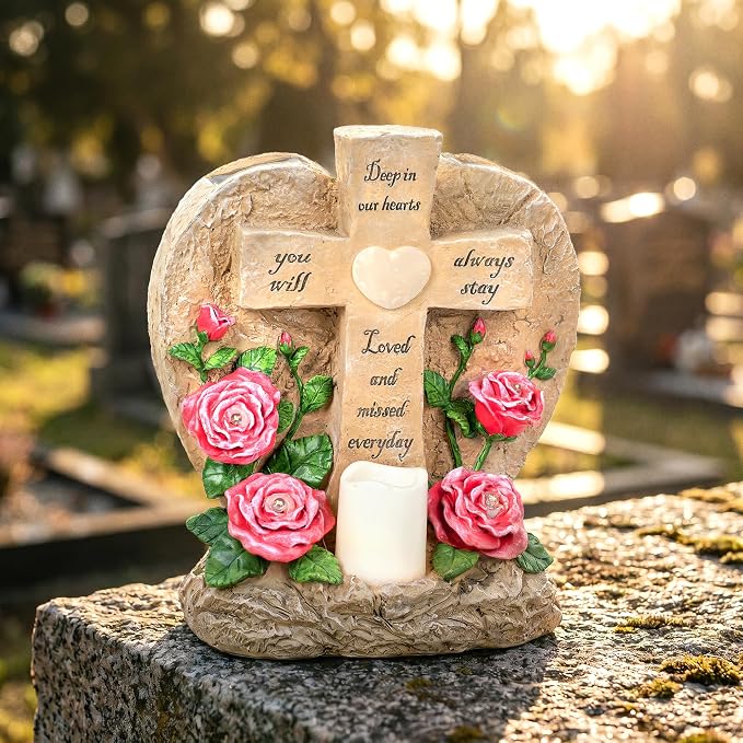 MXwcy Memorial Garden Stone Cross with LED Lights - Sympathy Gift, Bereavement & Remembrance for Loss of Loved One, Outdoor Indoor Grave Marker Decoration, Weatherproof Resin Heart Rose Design