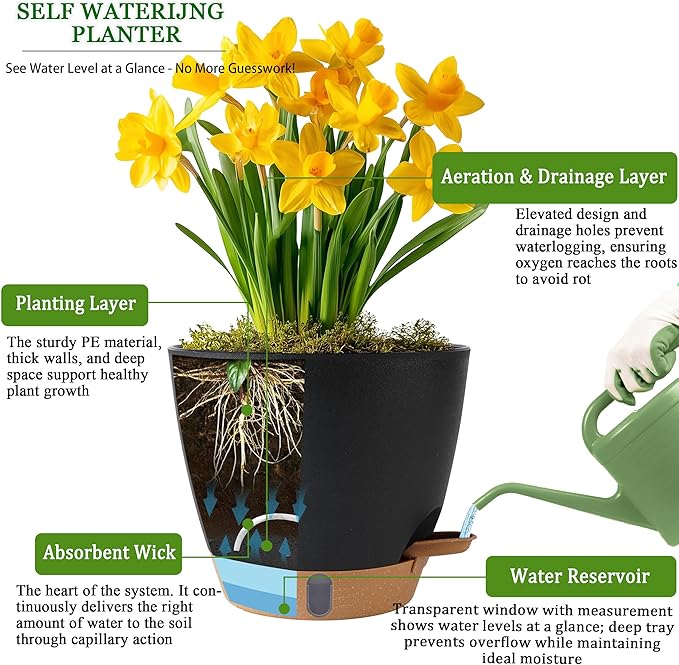Self Watering Pots for Inoor Ourdoor Plants 10/9/8/7/6.5 Inch Plastic Planters with Drainage Holes & Water Level Indicator, Decorative House Flower Nursery Planting Pots with Saucers(Black)