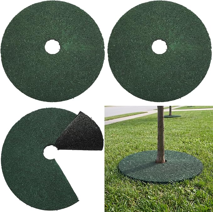 Peryiter 3 Pcs Double Side Rubber Mulch Tree Ring 24 Inch Heavy Duty Rubber Mulch Mat Tree Protector Weed Barrier Mats Reversible Round Root Ring for Prevent Weed Grass Animal Dig Dark Green Black