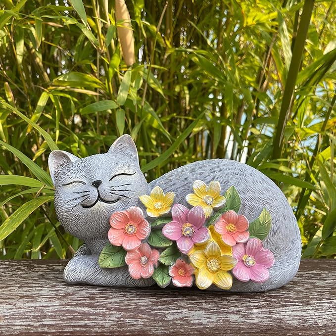 Solar Cat Garden Statue, Resin Solar Cat Lights with Flower for Outside, Outdoor Cats Statues for Lawn Porch Yard Art - Birthday Gifts for Mom Grandma Women