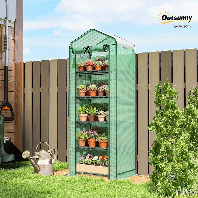 Outsunny 5 Tier Mini Greenhouse with Screen Roof, 27.6" x 19.7" x 75.6", Portable Small Greenhouse with High Strength PE Cover, Roll-Up Zipper Door for Garden Yard Backyard, Green