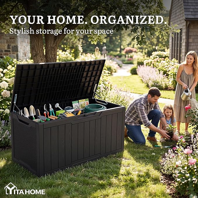 YITAHOME 100 Gallon Outdoor Storage Box, Large Water Resistant Resin Deck Box, Indoor Outdoor Lockable Storage Container for Patio, Garden, Cushions, Tools, Equipment (Black)