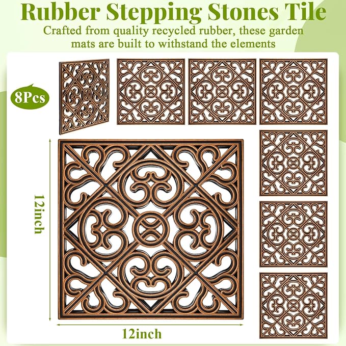 Pangda 8 Pcs Rubber Stepping Stones Outdoor Garden Walkway, 12 x 12 Inch Heavy Duty Pathway Pavers Retro Decorative Stepping Stones for Outside Landscaping Yard Lawn Path(Copper,Cross Square)