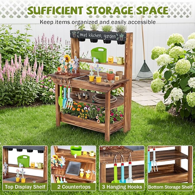 HONEY JOY Mud Kitchen, Fir Wood Kids Potting Bench Table, Removable Sink, 4 Planting Cups, Accessories, Outdoor Play Kitchen for Toddlers, Garden Time Mud Kitchen for Kids Outdoor Backyard