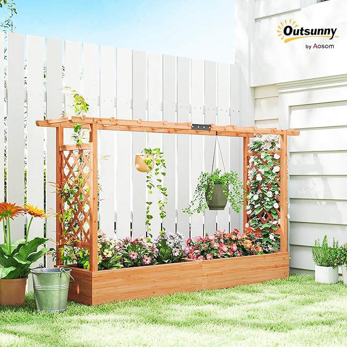 Outsunny Raised Garden Bed with Trellis, Wooden Planter Box with Drainage Holes and Hanging Roof, Outdoor Flowers Box for Herbs, Vegetables, Climbing Plants, 78.7" x 17.3" x 44.7"