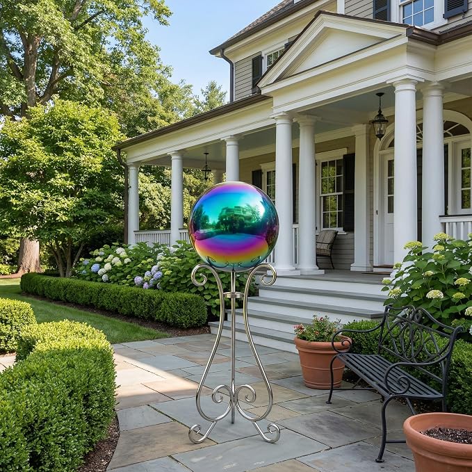 6 inch Diameter Gazing Ball,Rainbow Stainless Steel Polished Reflective Smooth Garden Sphere Globe Mirror,Colorful and Shiny Addition to Any Garden or Home