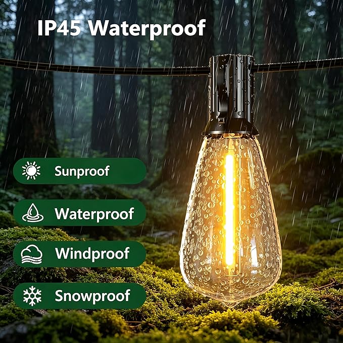 100FT Remote Outdoor String Lights for Outside, 50+2 LED Waterproof Shatterproof Edison Dimmable Timer Bulbs, 2500K Warm White Patio Lights for Garden Backyard Yard Hanging Lighting