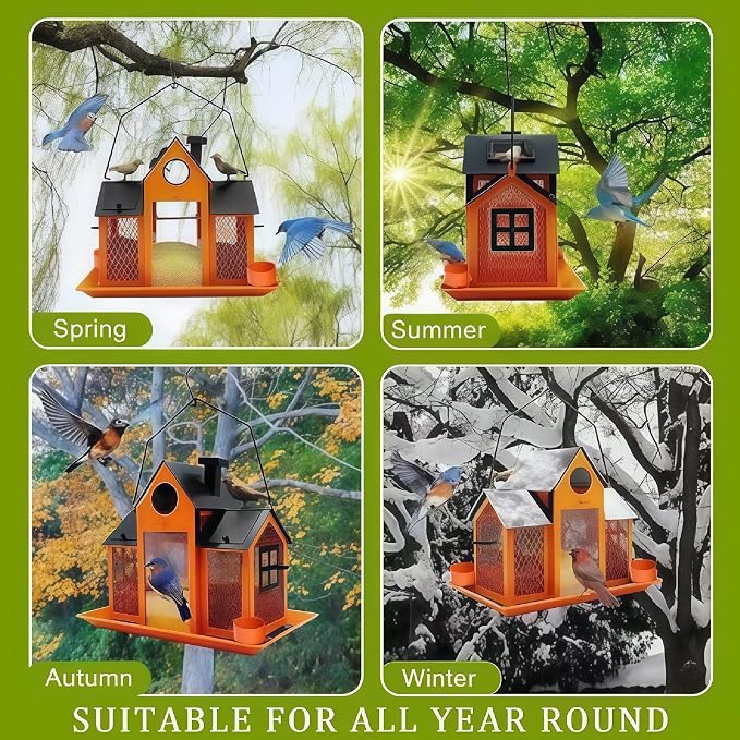 Solar Bird Feeders House for Outside Hanging, Metal Wild Bird Feeder for Outdoors Large Capacity Cardinal Birdfeeder Birdhouses Metal Bird Feeding Station Orange