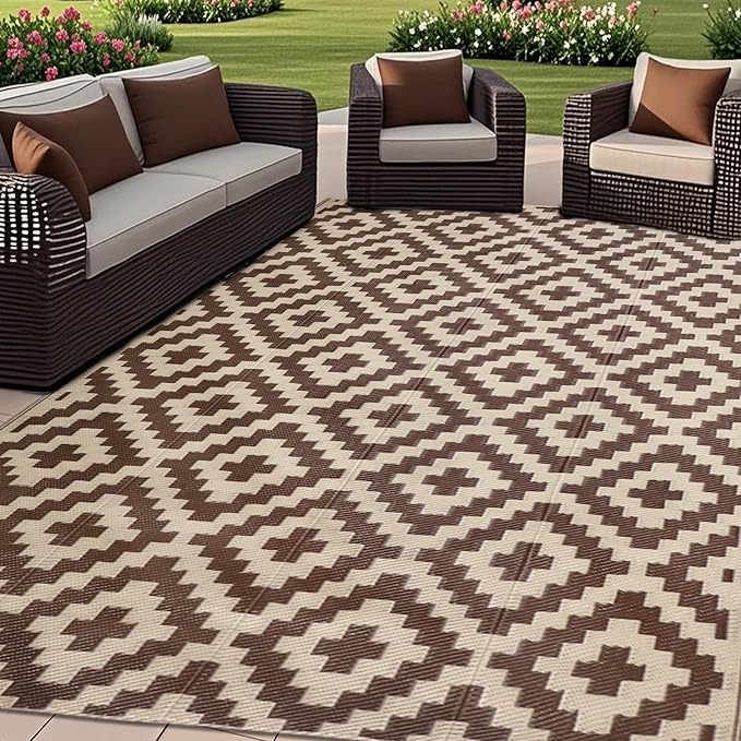 SAND MINE Reversible Mats, Plastic Straw Rug, Modern Area Rug, Large Floor Mat and Rug for Outdoors, RV, Patio, Backyard, Deck, Picnic, Beach, Trailer, Camping (5' x 8', Brown & Beige)