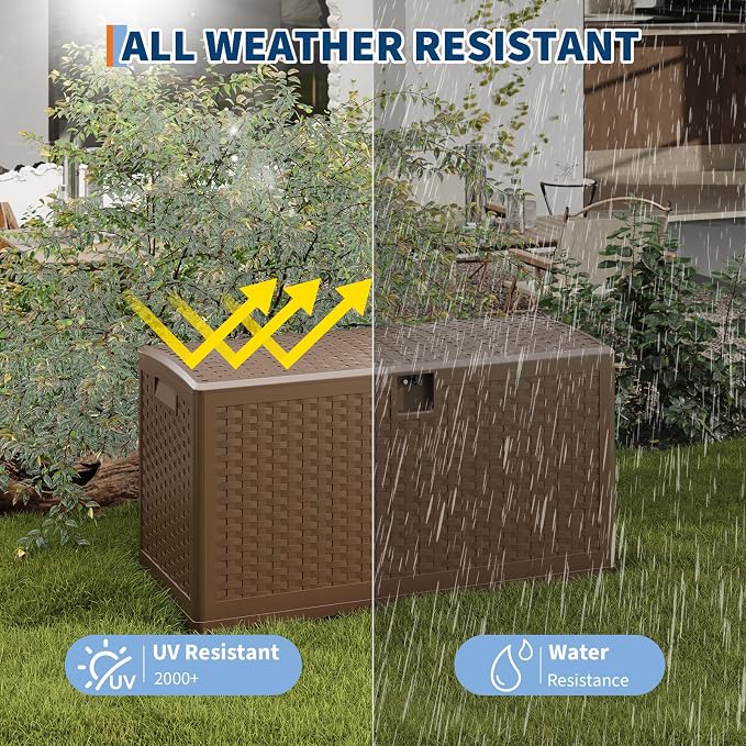 IDEALHOUSE 73 Gallon Resin Deck Box, Waterproof Outdoor Storage Box with Lockable Lid & UV Resistant, Patio Furniture Cushion Storage Container for Garden, Backyard, Poolside (Brown)