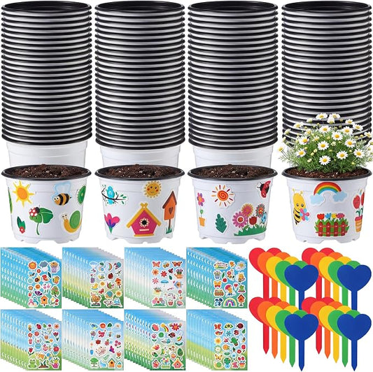 100 Sets Garden Pot Craft Kit, Flower Plant Spring Craft Including Plastic Nursery Plant Pots Labels Tags Stickers for DIY Flower Planting Growing Birthday Arts Kit (Simple)