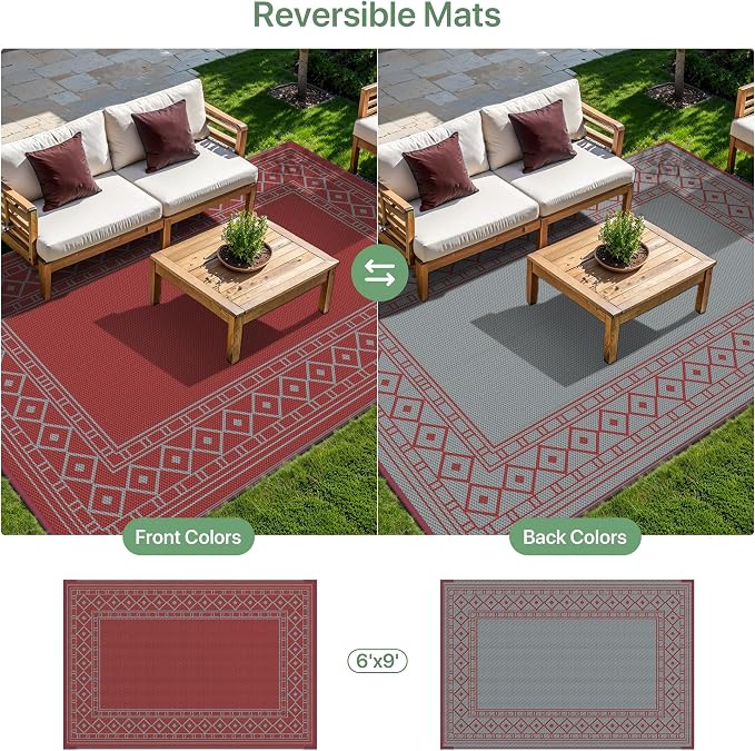 GENIMO Outdoor Rug Waterproof 6'x9' for Patio, Foldable Reversible Plastic Straw Carpet for Travel Trailers, Outside Area Mat for Rv, Deck, Picnic, Porch, Balcony, Beach, Red & Grey