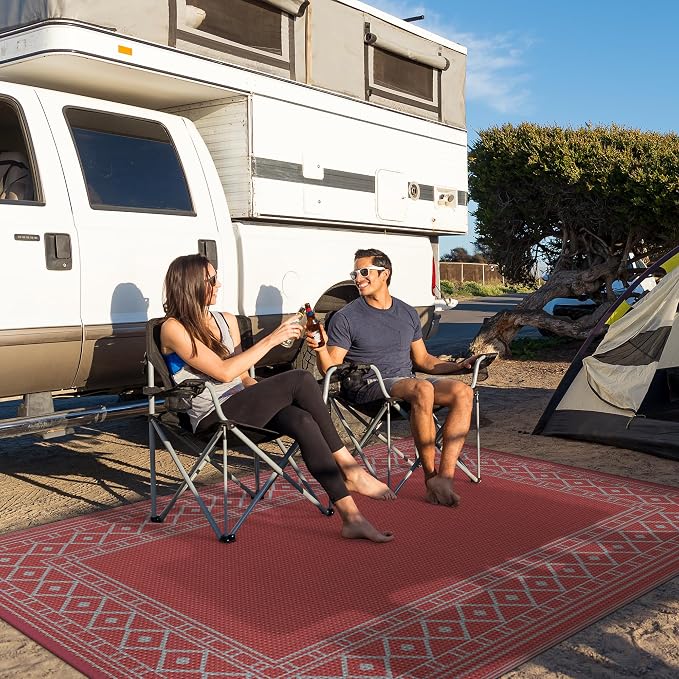 GENIMO Outdoor Rug Waterproof 6'x9' for Patio, Foldable Reversible Plastic Straw Carpet for Travel Trailers, Outside Area Mat for Rv, Deck, Picnic, Porch, Balcony, Beach, Red & Grey