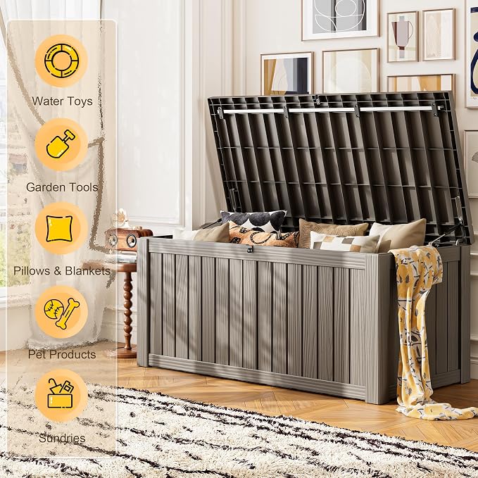 Outdoor Storage Box, 160 Gallon Resin Deck Boxes Outdoor Waterproof For Patio Furniture, Garden Tools, Pool Supplies, Lockable And UV Resistant (Striped Gray)