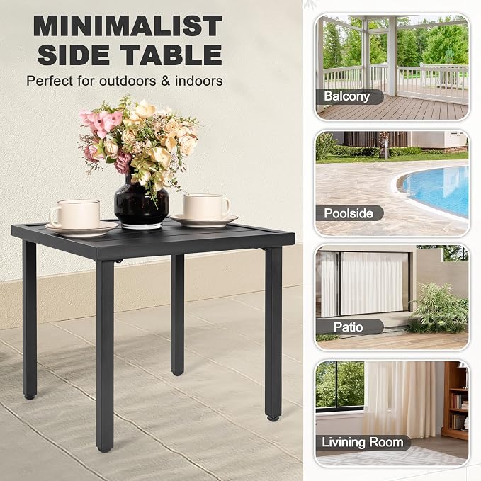NUU GARDEN Square Outdoor Side Table with Slatted Top and Adjustable Feet, Powder-Coated Metal Patio Table, All-Weather Patio Coffee Table for Backyard Pool Porch Garden Lawn, Black