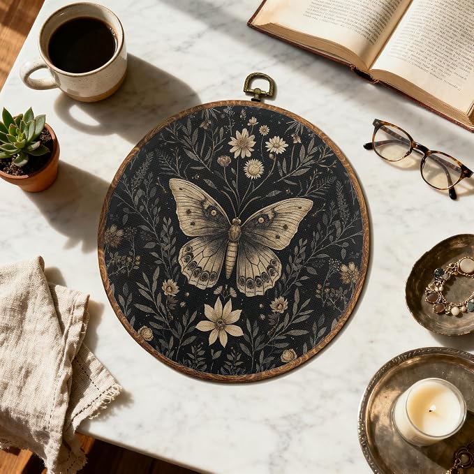 DOFQZ Moody Floral Gothic Butterfly Round Wall Art Decor, Dark Academia Cottagecore Botanical Moth Framed Canvas Hanging Art for Bedroom Living Room Home Office Decor, 10x10