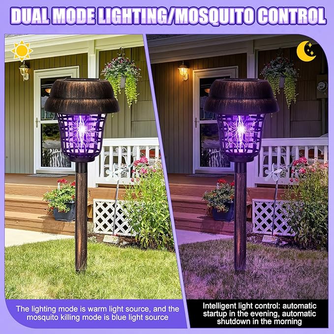 Qualirey 12 Pcs Solar Mosquito Zapper Outdoor Waterproof Solar Powered Bug Zapper Outdoor Mosquito Killer Lamp Trap Repellent Light for Garden Yard Insect (Purple and Warm Light,Bronze)