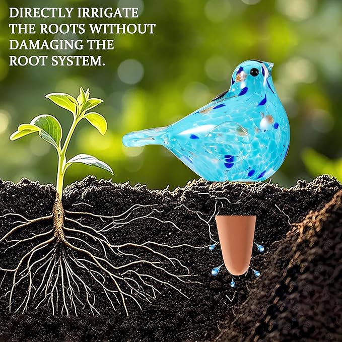 Plant Watering Globes, Bird Glass Self Watering Planter Insert - For Indoor & Outdoor Plants - Glass Plant Water Globes For Daily Use, Planter Spikes To Support Indoor & Outdoor Plant Health, Sky Bule