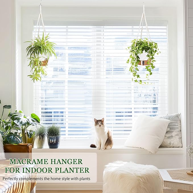 10 Inch Self Watering Hanging Planters, 2 Pack Plastic Flower Pots with Visible Water Window, Drainage Holes, Metal Chain & Macrame Hangers for Indoor & Outdoor Plants, White