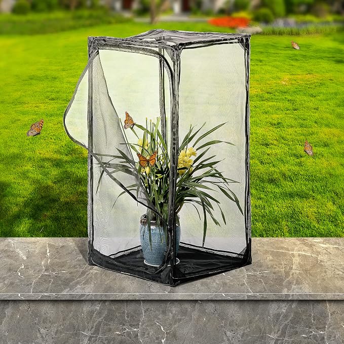 46" Heavy Duty Monarch Butterfly Habitat, Outdoor Collapsible Insect Mesh Cage Terrarium Pop-up with Zipper Protection and Detachable Bottom 23 x 23 x 46 inches