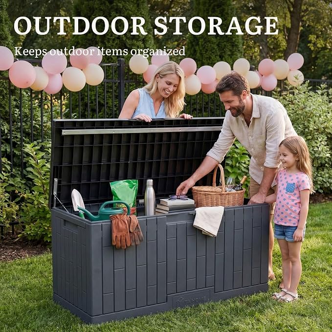 YITAHOME 120 Gallon Outdoor Storage Deck Box, Large Resin Patio Storage Box with Slide-Locking Lid, 53" L 2-Person Bench Seat for Outdoor Pillows, Garden Tools & Pool-Supplies, Waterproof (Dark Gray)