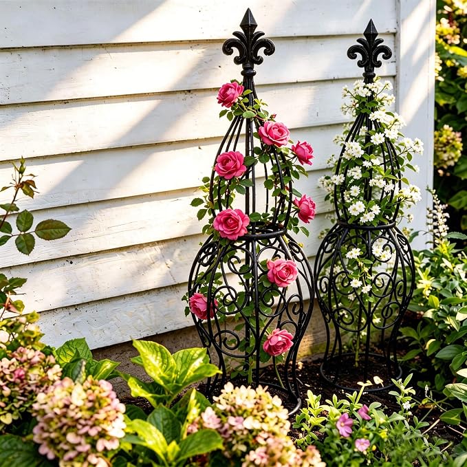 2-Pack Garden Obelisk Trellis for Climbing Roses & Flowering Vines, 30" Tall Iron Plant Support, Tool-Free Snap Assembly, Decorative Outdoor Accent for Patio Planters & Entryways