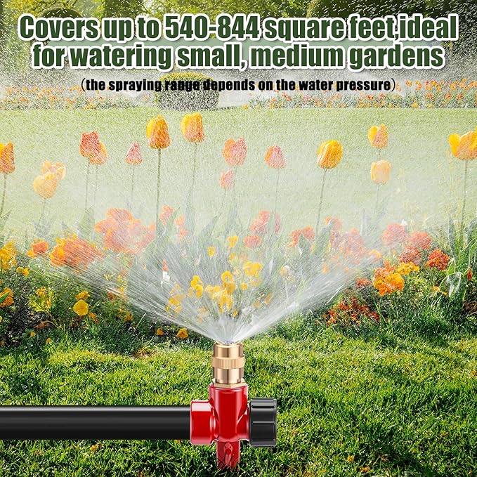 Tioncy 4 Pack Metal Lawn Sprinkler Automatic Garden Water Sprinkler on Spike Base 360 Degree Rotation with Adjustable Brass Nozzle for Lawn Garden Yard (Red)
