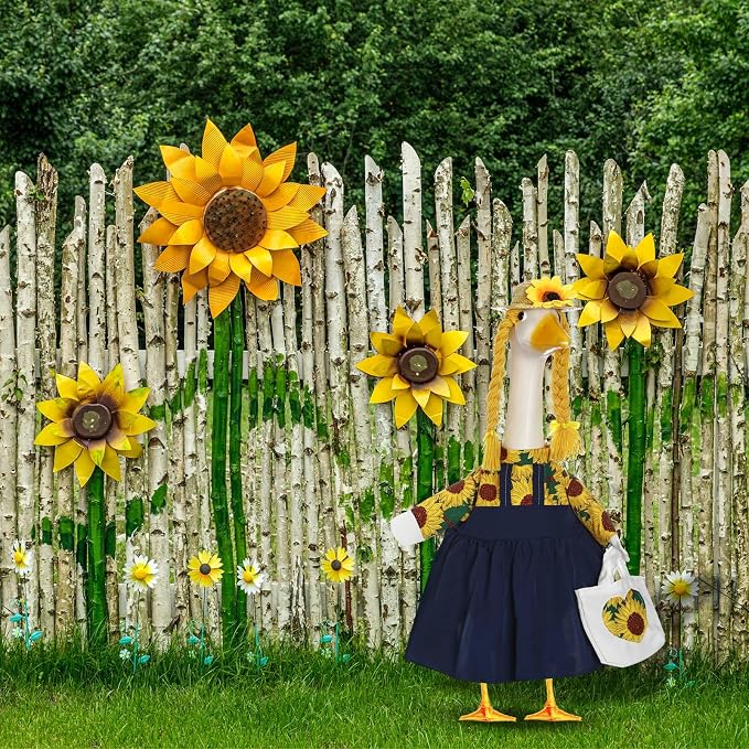 FuWeave Sunflower Goose Outfit for 23'' Cement Statue Porch Goose Clothes Flower Dress and Straw Hat for Large Statue Summer Outdoor Garden Patio Yard Lawn Art Decoration