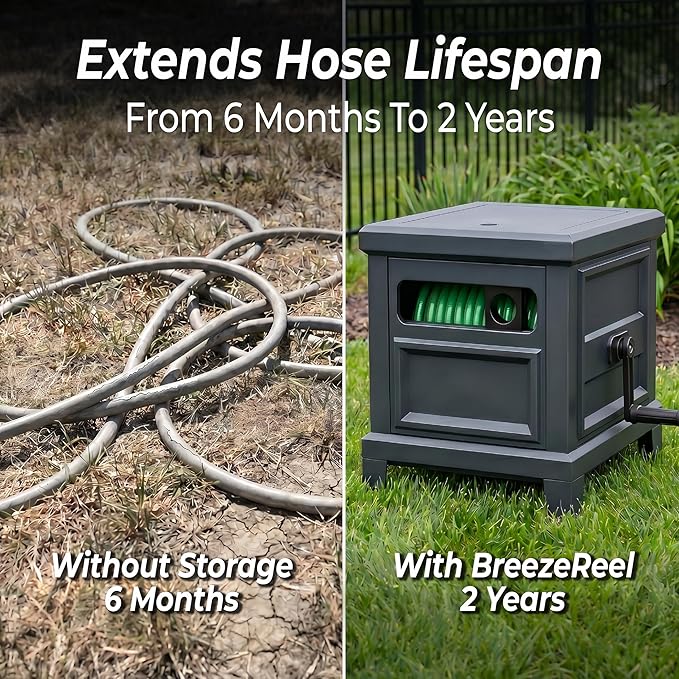 Garden Hose Reel Hideaway, Heavy Duty Metal Hose Reel Box Holds 125FT x 5/8" Hose, Steel Hose Storage Box with Manual Crank, Hose Guide and Leak-Proof Aluminum Connections, Stable 4-Leg Base