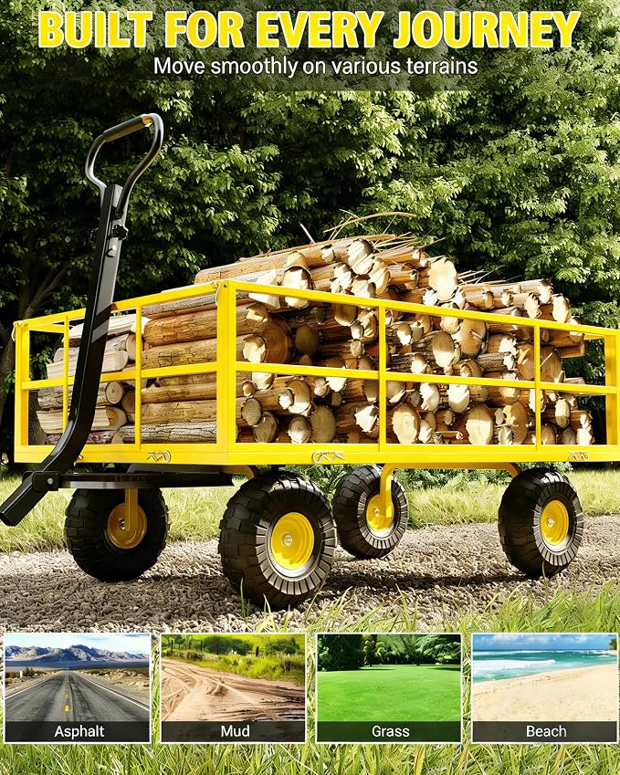 Garvee Steel Garden Cart, 1200 LBS Capacity Utility Outdoor Wagon, Heavy Duty Mesh Garden Wagon with Removable Sides, 2-in-1 Handle, 13" Tires for Yard, Lawn, Garden