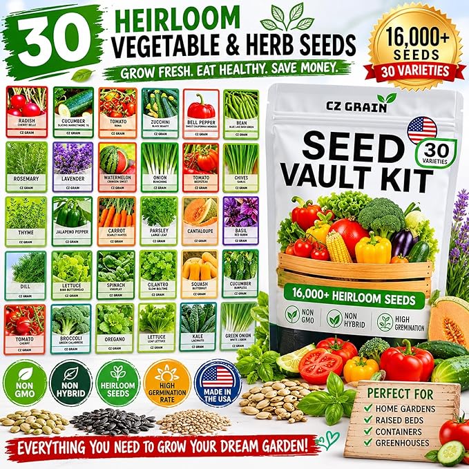 CZ Grain Seed Vault Kit, 30 Heirloom Vegetable & Herb Varieties, 16,000+ Non-GMO Seeds for Planting, Open Pollinated Survival Garden Seed Pack, USA Packed, Home Garden Starter Kit