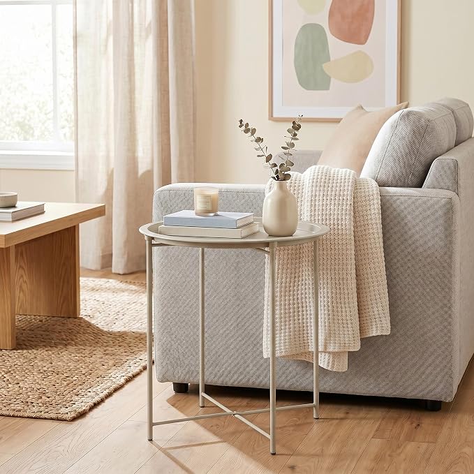 VECELO Side/End Table, Folding Round Metal Anti-Rust and Waterproof Outdoor or Indoor Tray for Living Room Bedroom Balcony and Office, 2 PCS, Grey