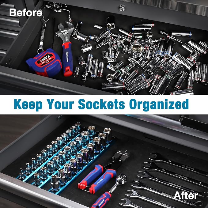 WORKPRO Magnetic Socket Organizer, 3/8-Inch Drive Aluminum Alloy Socket Rail, Heavy Duty Socket Holder, Socket Rack Kit 3/8-Inch x 10 Clips Sky Blue (Socket not Included)
