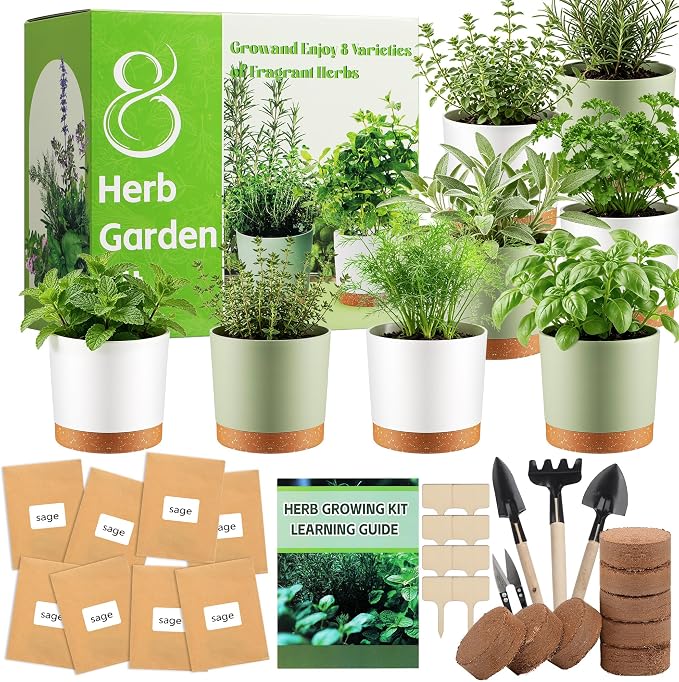 8 Herb Garden Kit - Indoor Herbs Seeds Growing Kit Gardening Gift Birthday Housewarming Christmas Gift for Women Her Men Retirement, Complete Starter Set with Organic Seeds for Beginner