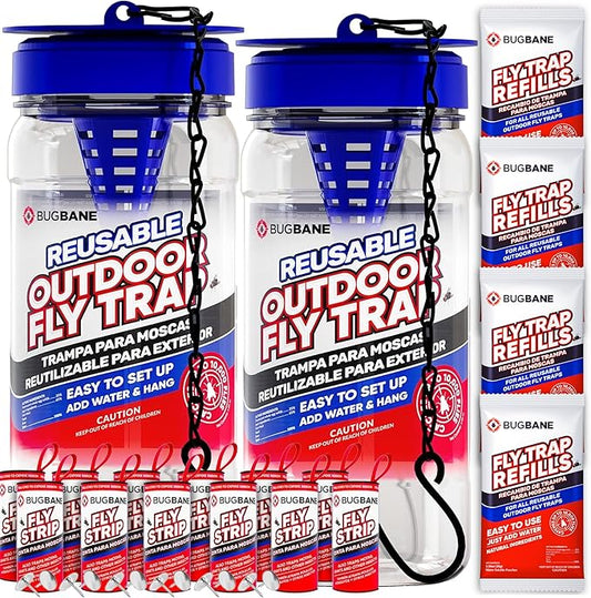 2 Fly Traps Outdoor Fly Trap for Patio with 4 Non-Toxic Dissolvable Bait Refills and 12 Sticky Ribbons. Reusable Hanging Bug Catcher Killer for All Filth Flies for Outside Bug Control Yard Ranch
