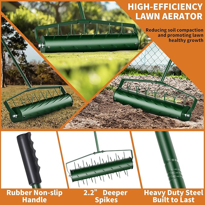 21” Lawn Aerator, Heavy-Duty Manual Lawn Aerator Tool with 50” Metal Handle for Lawn Care, Grass Aerator Lawn Aeration Machine for Garden, Yard, Cropland to Loose Soil