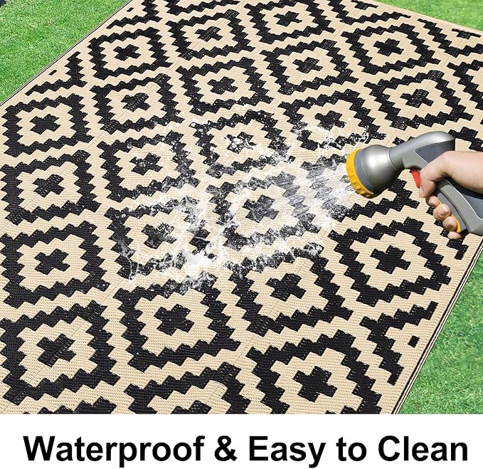 Smiry Waterproof Outdoor Rug 10X14 ft, Reversible Plastic Straw Patio Camping Rugs, Outdoor Indoor RV Mat Carpet for Patio, Outside Entry, Backyard, Deck, Bench, Picnic, Camper, Black & Beige