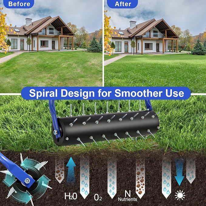 Rolling Lawn Aerator, 21" Soil Penetrator push Aerator for lawn,Preasembled Spike Garden Aerator Tool, 75" Adjustable Handle ,Heavy Duty Aerator lawn tool for garden,farm care,Keep the soil health.