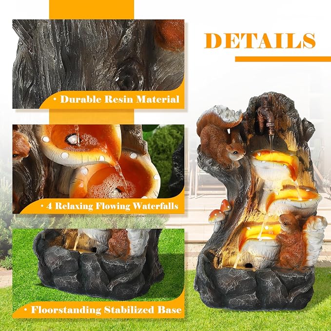 22" H Modern Garden Water Fountain - 4-Tiers Indoor/Outdoor Resin Water Fountains with LED Lights, 4-Tiers Patio Waterfalls with Mushroom & Squirrel Design, Home Decor for Porch Yard Deck