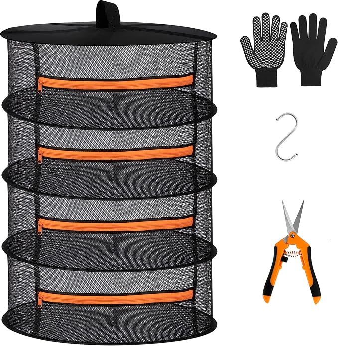 Desy & Feeci Herb Drying Rack-2ft Diameter 4 Layer Folding Mesh Hanging Basket Dryer Net with Zippers for Seeds Flowers Buds Plants Garden Outdoor Bumper Harvest(D24xH31 inch)