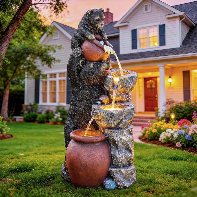 37.5" H Resin Playful Twin Bear Fountain Outdoor, Whimsical Multi-Tiered Stone Vessel Water Feature Outdoor with Lights, Soothing Cascading Waterfall for Patio, Backyard, Garden or Porch