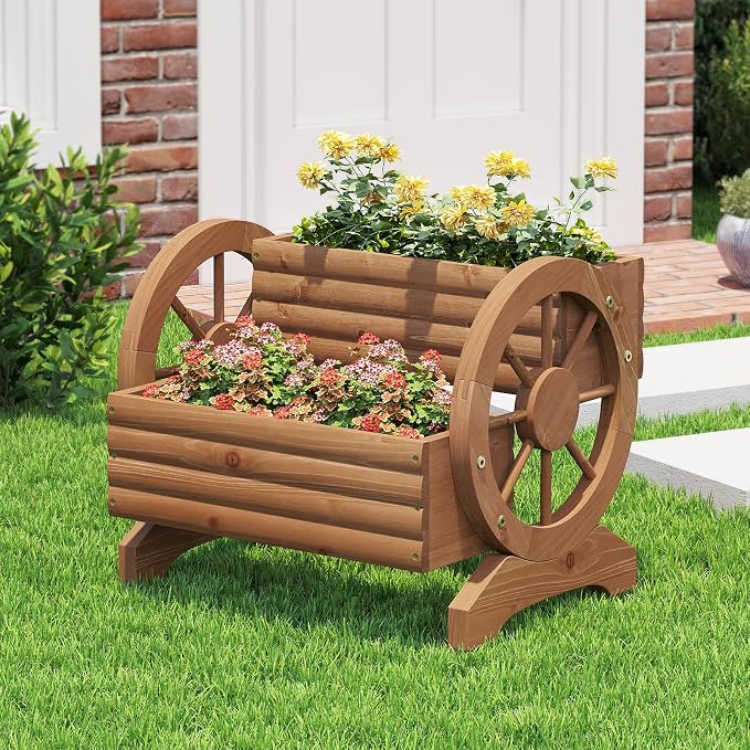 Wooden Wagon Planter Outdoor Flower Cart with Wheels Garden Planter, Decor Planter for Patio Decoration Succulent Flower Pot for Indoor Backyard Yard Decor Porch Balcony Planters (Brown, Medium)