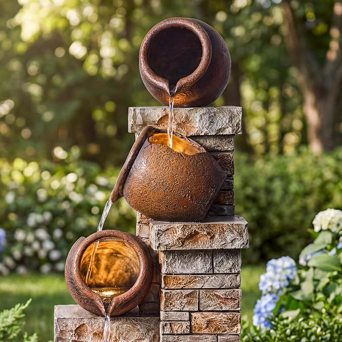 44-Inch Outdoor Water Fountain, 5-Tier Floor Standing Cascading Jars and Stacked Stones Resin Waterfall Fountain with 4 LED Lights, Home Decor for Garden, Patio, Yard, Farmhouse or Deck in Brown
