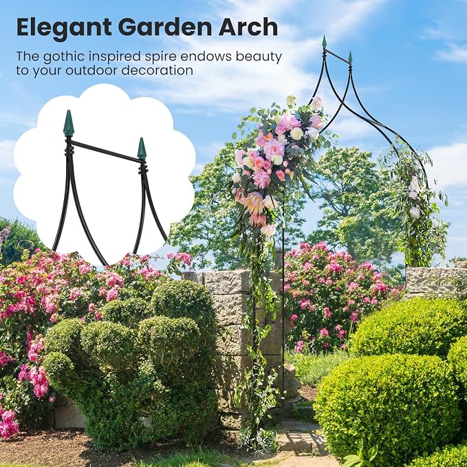 COSTWAY 9.5 FT Metal Garden Arbor for Climbing Plants, Gothic Style Decorative Garden Arch for Vine Rose, Outdoor Arbour Archway for Garden Lawn Backyard, Wedding Ceremony Party Decoration, Black (1)
