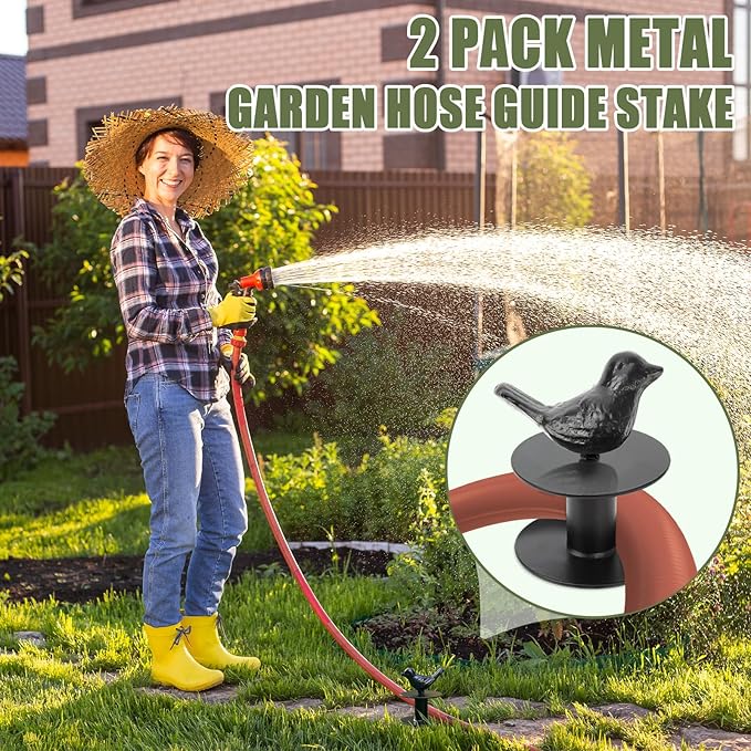 2 Pack Garden Hose Guide Stake Metal Spike 12 Inch Heavy Duty Hose Support Spike with Bird Design Protect for Outside Flower Beds Plant Yard Garden